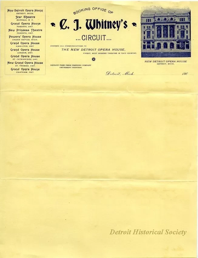 Paper, Letterhead - C. J. Whitney's Circuit
The New Detroit Opera House