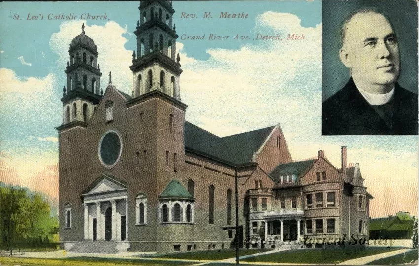 Postcard - St. Leo's Catholic Church. Rev. M. Meathe. Grand River Ave., Detroit, Mich.