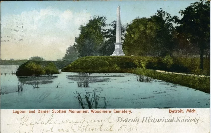 Postcard - Lagoon and Daniel Scotten Monument, Woodmere Cemetery. Detroit, Mich.