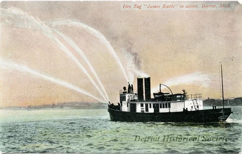 Postcard - Fire Tug "James Battle" in action, Detroit, Mich. - Fire Tug "James Battle" in action, Detroit, Mich.
