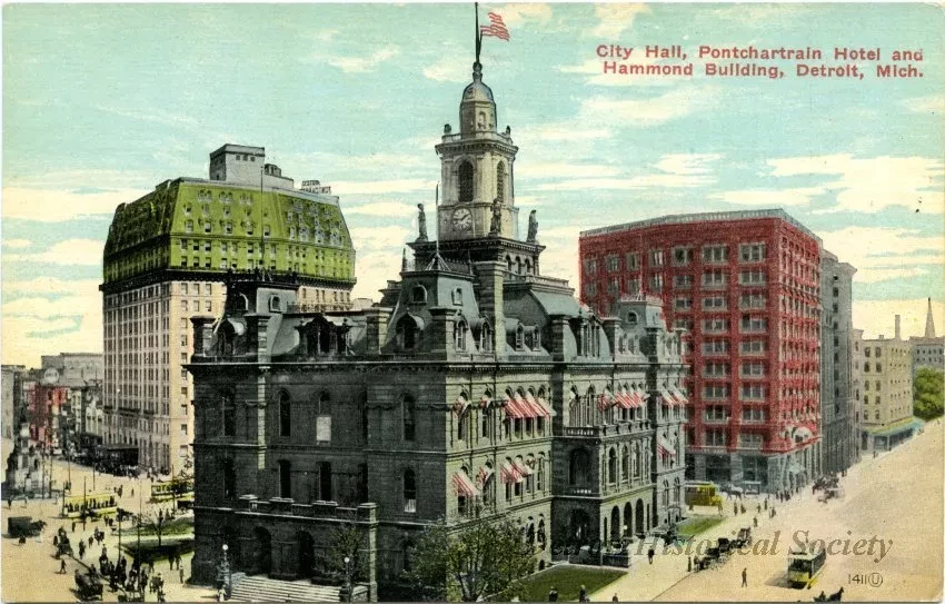 Postcard - City Hall, Pontchartrain Hotel and Hammond Building, Detroit, Mich. - City Hall, Pontchartrain Hotel & Hammond Bldg.
