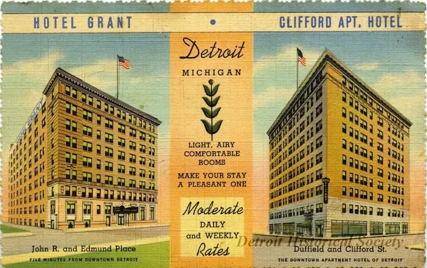 Postcard - Hotel Grant, Clifford Apt. Hotel, Detroit, Michigan