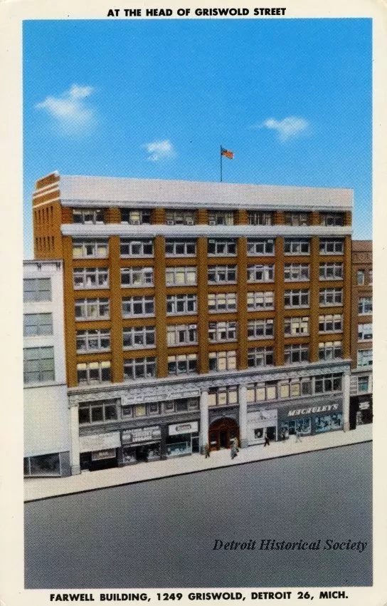 Postcard - Farwell Building, 1249 Griswold, Detroit 26, Mich.
At the Head of Griswold Street.