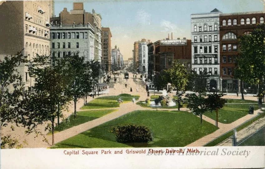 Postcard - Capitol Square Park and Griswold Street. Detroit, Mich.