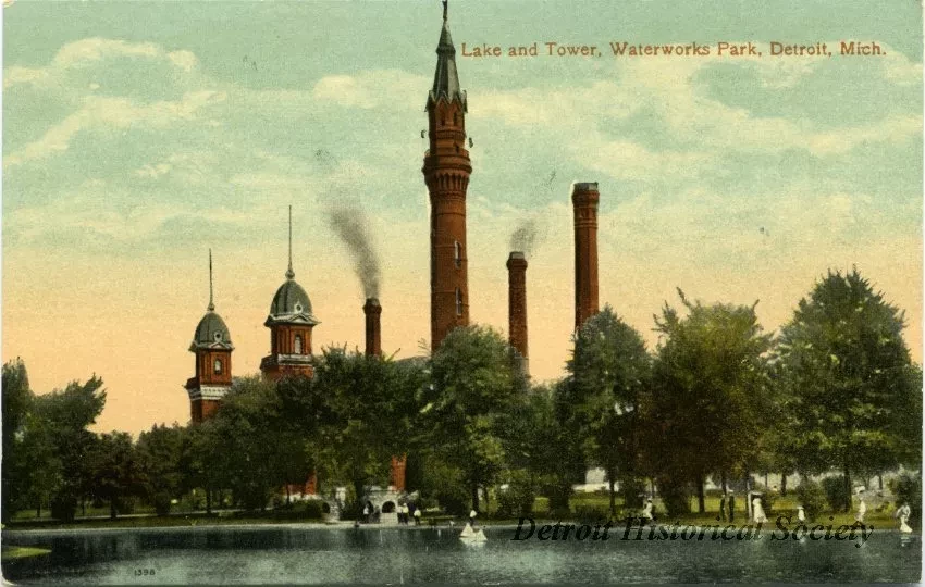 Postcard - Lake and Tower, Waterworks Park, Detroit, Mich. - Lake and Tower, Waterworks Park, Detroit, Mich.