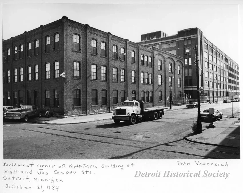 Print, Photographic - Northwest corner of Parke Davis Building at Wight and Jos Campau Sts., Detroit, Michigan