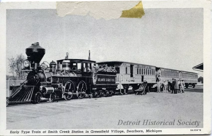 Postcard - Early Type Train at Smith Creek Station in Greenfield Village, Dearborn, Michigan