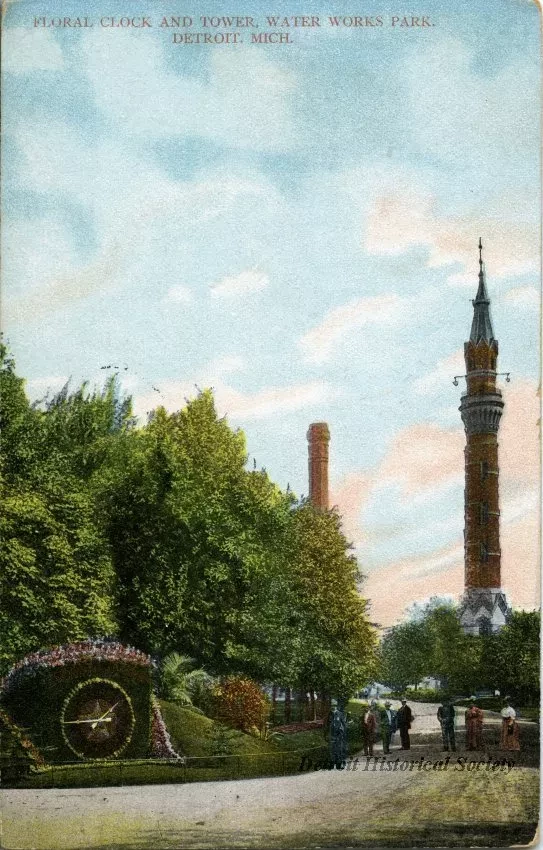 Postcard - Floral Clock and Tower, Water Works Park, Detroit, Mich.