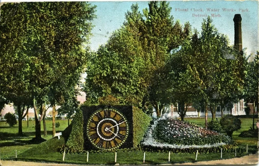 Postcard - Floral Clock, Water Works Park, Detroit, Mich.