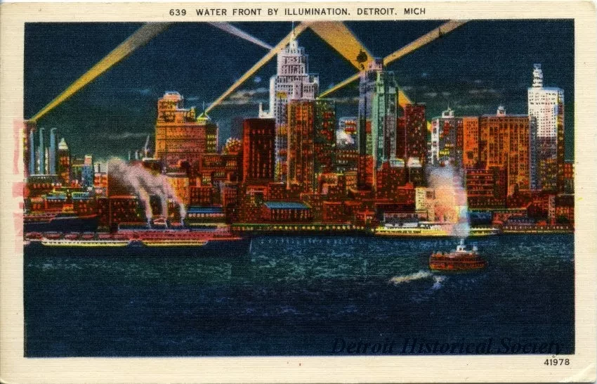 Postcard - Water Front by Illumination, Detroit, Mich.