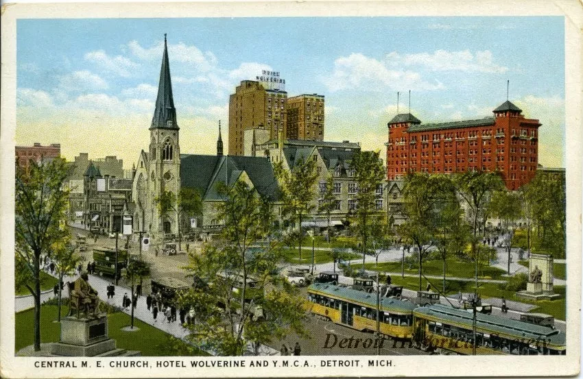 Postcard - Central M. E. Church, Hotel Wolverine and Y.M.C.A., Detroit, Mich.
