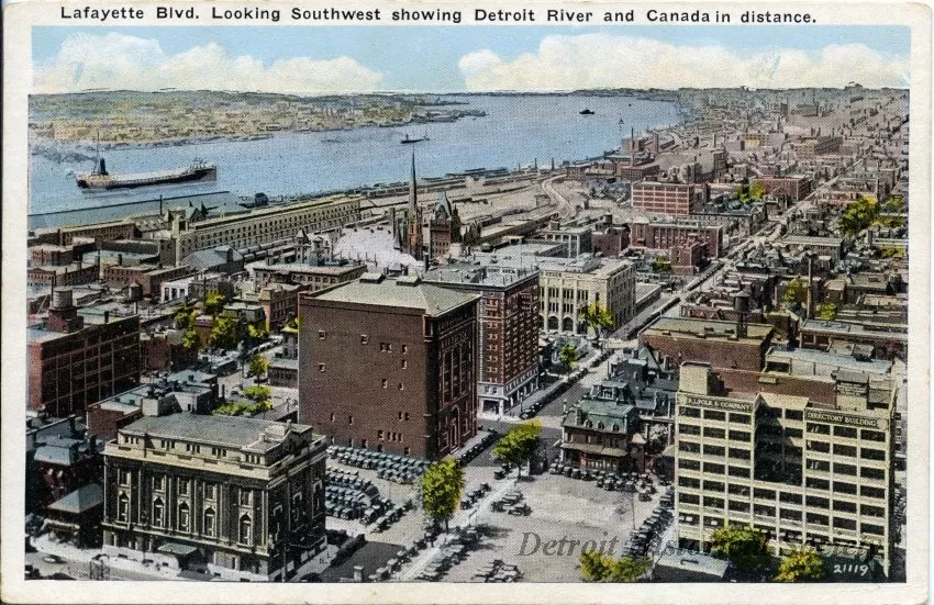 Postcard - Lafayette Blvd. Looking Southwest showing Detroit River and Canada in distance.