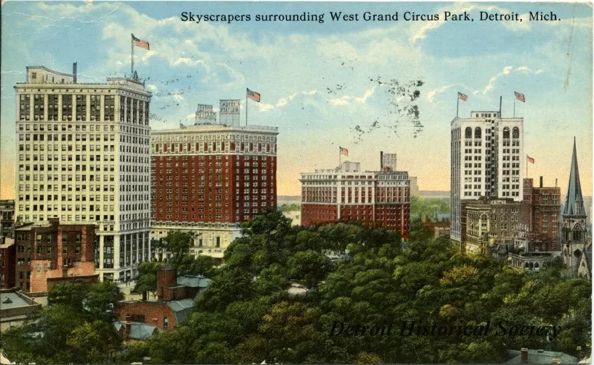 Postcard - Skyscrapers surrounding West Grand Circus Park, Detroit, Mich.