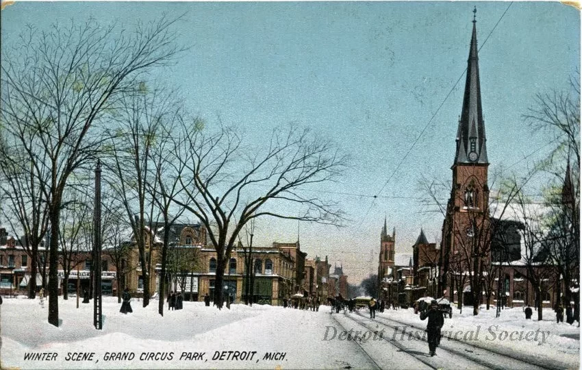 Postcard - Winter Scene, Grand Circus Park, Detroit, Mich.