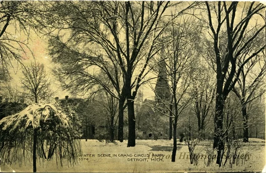 Postcard - Winter Scene in Grand Circus Park, Detroit, Mich.