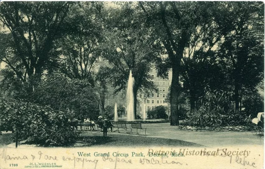 Postcard - West Grand Circus Park, Detroit, Mich.