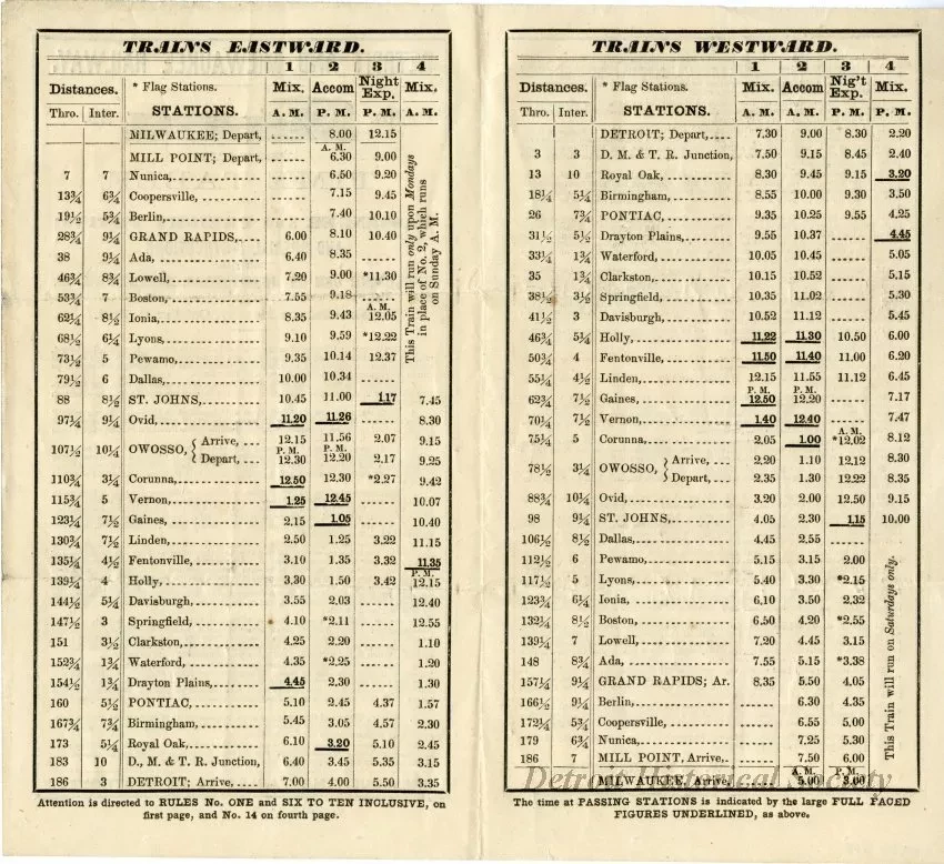 Schedule - Detroit and Milwaukee Railway, No. 22, Private Time Table of Passenger and Freight Trains; And Special Instructions for the Exclusive Use of Conductors, Enginemen, &c. to take effect on Monday, October 11, 1858.