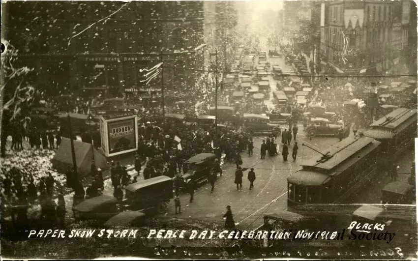 Postcard - Paper Snow Storm, Peace Day Celebration Nov 1918