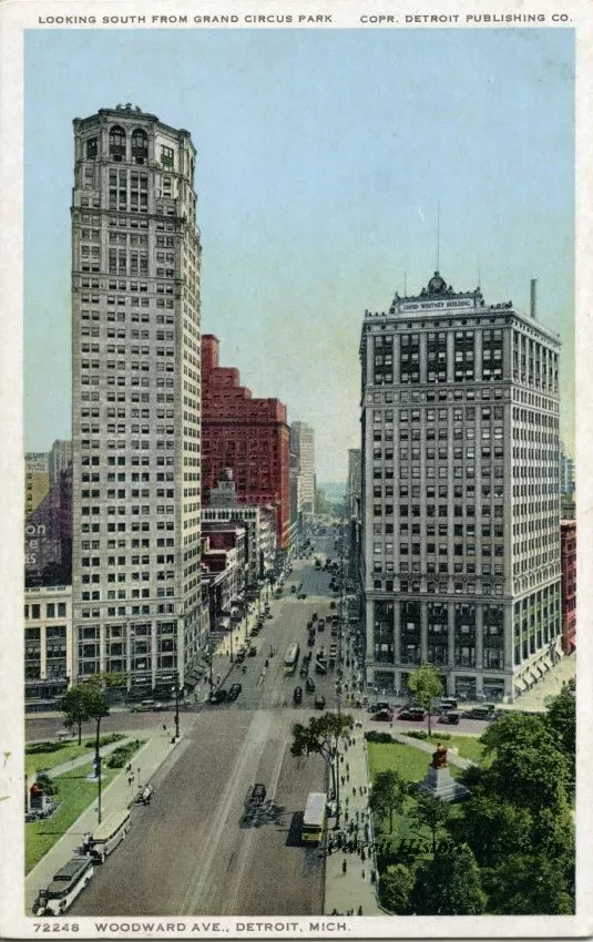 Postcard - Woodward Ave., Detroit, Mich. Looking South from Grand Circus Park
