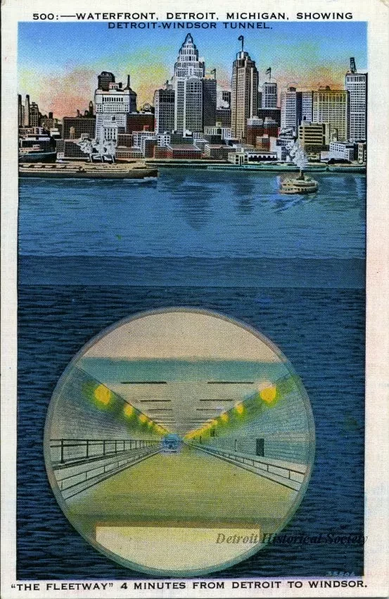 Postcard - Waterfront, Detroit, Michigan, showing Detroit-Windsor Tunnel.