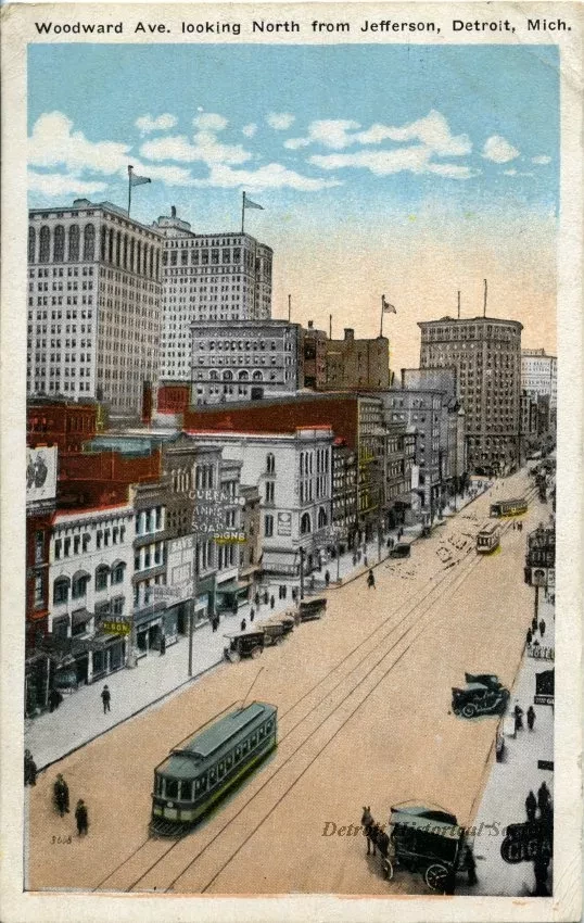 Postcard - Woodward Ave. looking North from Jefferson, Detroit, Mich.