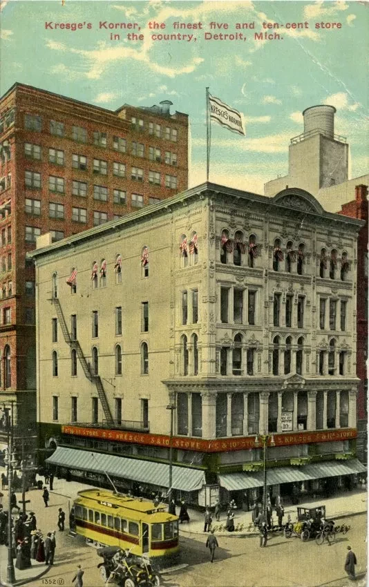 Postcard - Kresge's Korner, the finest five and ten-cent store in the country, Detroit, Mich.