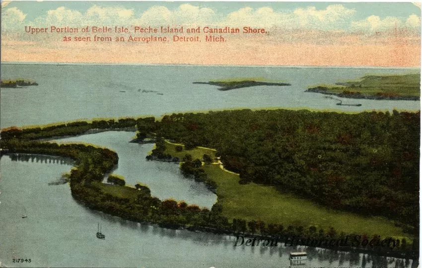 Postcard - Upper Portion of Belle Isle, Peche Island and Canadian Shore, as seen from an Aeroplane, Detroit, Mich.