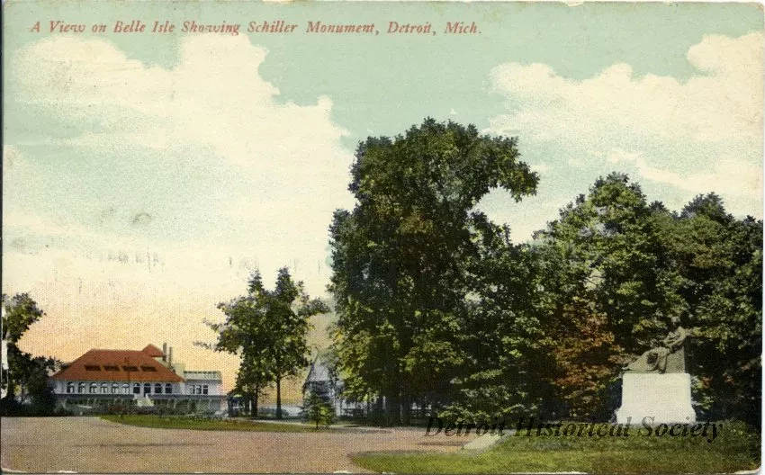 Postcard - A View on Belle Isle Showing Schiller Monument, Detroit, Mich.