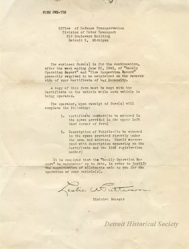 Letter - Weekly Operation Report and Tire Inspection Record