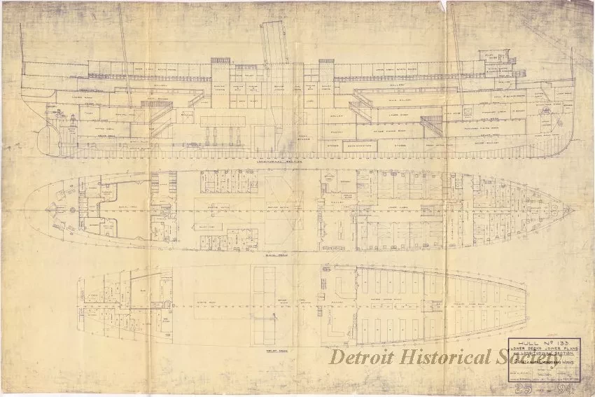 Blueprint - Hull No. 133,
Lower Decks Joiner Plans and Longitudinal Section