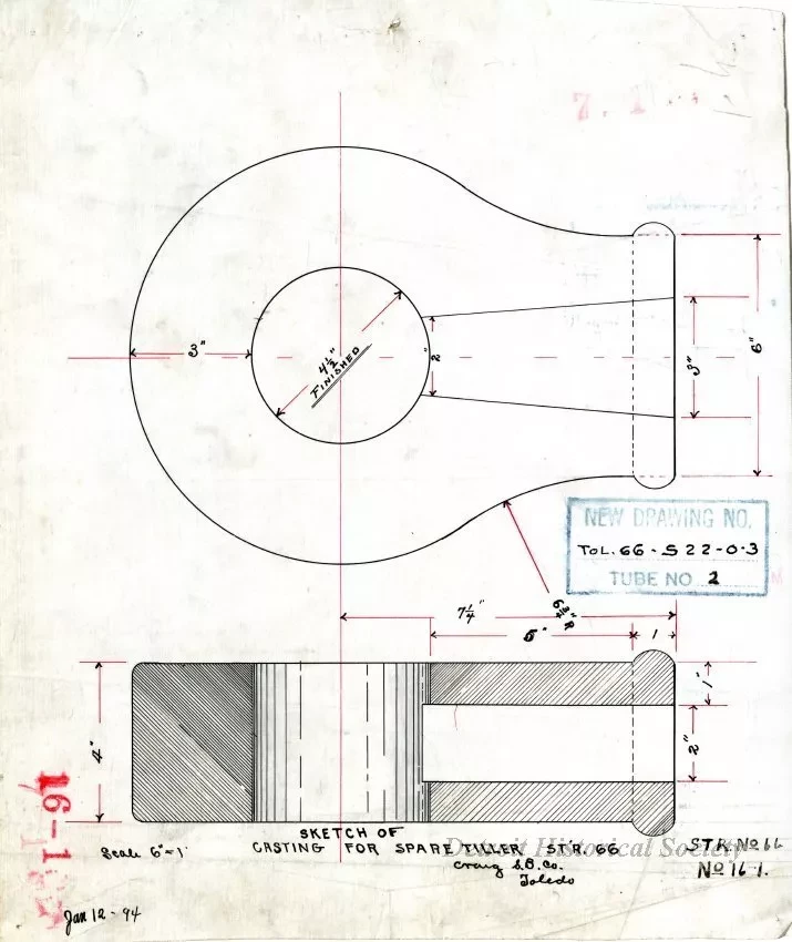 Drawing, Technical - Sketch of Casting for Spare Tiller,
Str. [Steamer] No. 66