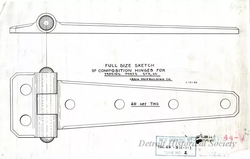 Drawing, Technical - Full Size Sketch of Composition Hinges for Freeing Ports,
Str. [Steamer] No. 66