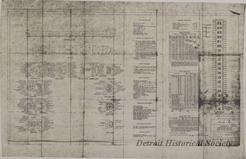 Drawing, Technical - Hull No. 424, Capacity Arrangement and Data Sheet
[SS Richard M. Marshall, SS John Dykstra, SS Benson Ford]