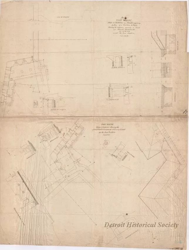 Drawing, Architectural - No. 4, Fort Wayne,
Plan & Sections of a Flank & Adjoining Portion of a Curtain & Face;
Showing the Intended Masonry of Scarp and Flank Casemates for All the Work Except the East Bastion