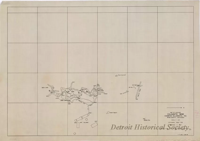 Map - Map of Workings, Vulcanite Mine, Champion Sillimanite, Inc.,  Mono County, California