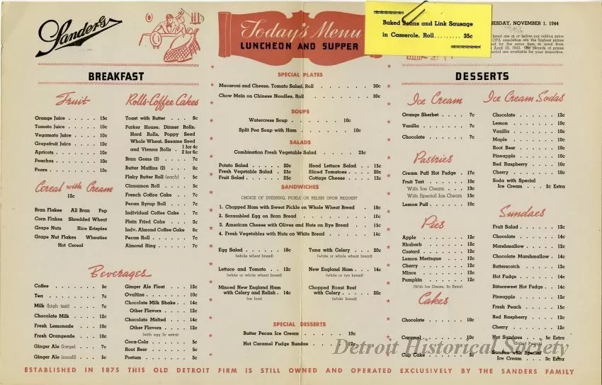 Menu - The Sanders Menu, Vol. 1, No. 16