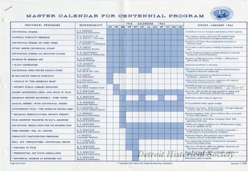 Schedule - Master Calendar for Centennial Program