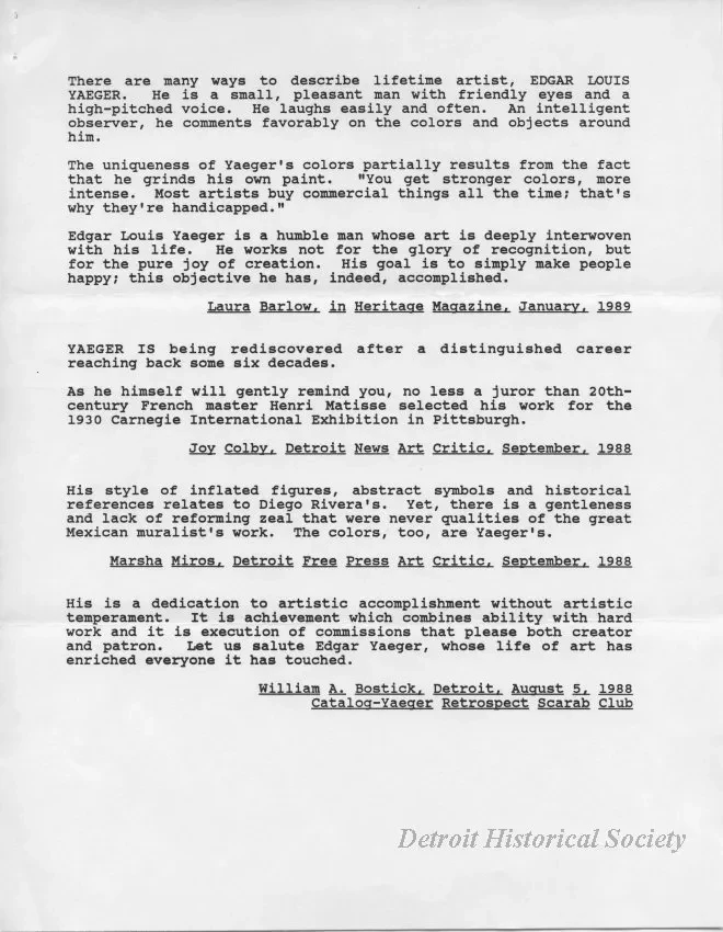 Letter - Edgar Yaeger Update