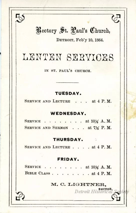 Schedule - Lenten Services in St. Paul's [Episcopal] Church, Detroit