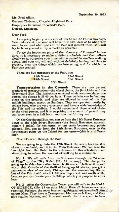 Program - A Souvenir of the Chrysler Corporation Highland Park Plant 
Employees' Excursion to 'A Century of Progress' at Chicago