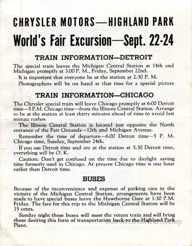 Program - A Souvenir of the Chrysler Corporation Highland Park Plant 
Employees' Excursion to 'A Century of Progress' at Chicago