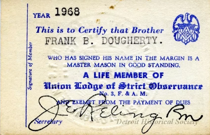 Card, Membership - Union Lodge of Strict Observance No. 3,
Grand Lodge F.& A.M. [Free & Accepted Masons] of Michigan