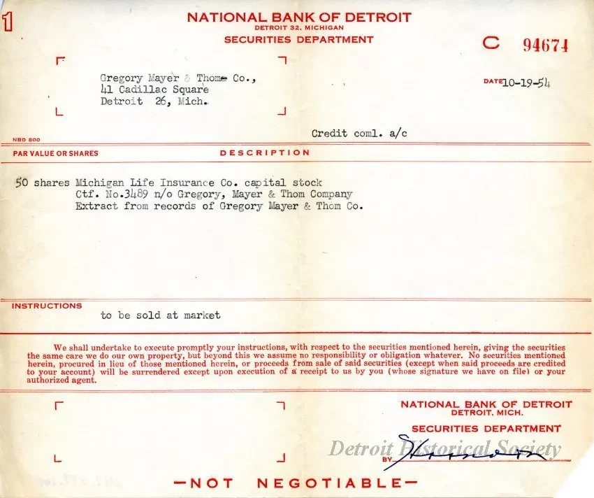 Form, Order - National Bank of Detroit