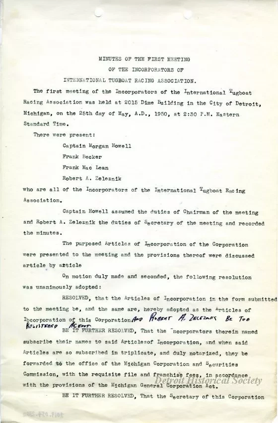 Minutes - Minutes of the First Meeting of the Incorporators 
of the International Tugboat Racing Association