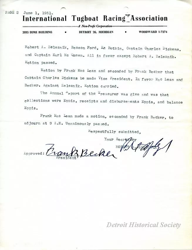 Minutes - Minutes of the First Annual Meeting of the International Tugboat Racing Association Held at 2015 Dime Building, Detroit 26, Michigan, on Friday, June 1, 1951