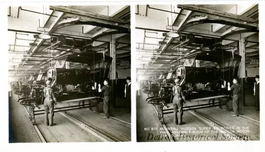 Stereograph - Mounting Hudson Super-Six Bodies In The Final Assembly Room Of The Hudson Motor Car Company, Hudson Motor Car Co, Detroit, USA