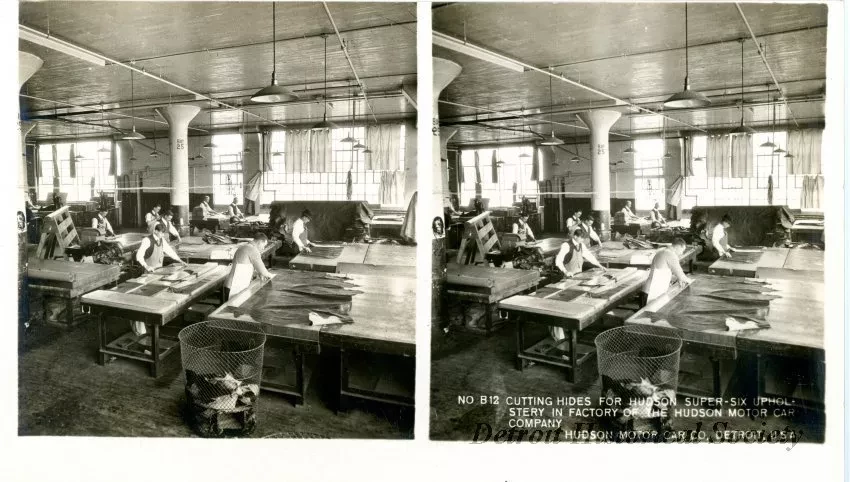 Stereograph - Cutting Hides For Hudson Super-Six Upholstery In Factory Of The Hudson Motor Car Company In The Background, Hudson Motor Car Co, Detroit, USA