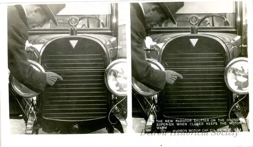 Stereograph - The New Radiator Shutter On The Hudson Super-Six When Closed Keeps The Motor Warm, Hudson Motor Car Co, Detroit, USA