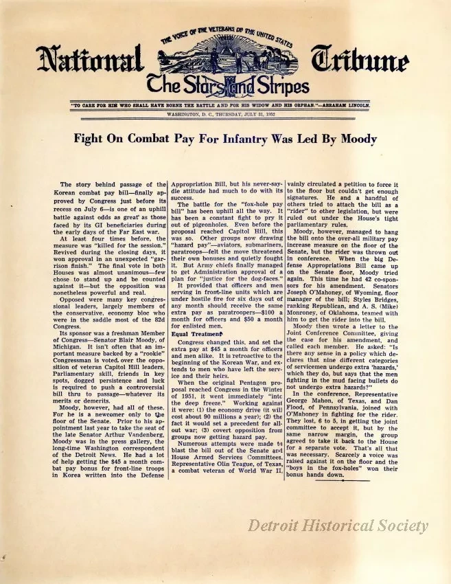 Flier, Political - Fight On Combat Pay for Infantry Was Led By Moody