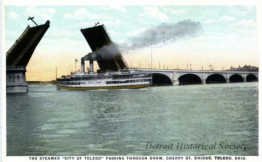 Postcard - The Steamer "City of Toledo" Passing Through Draw, 
Cherry St. Bridge, Toledo, Ohio